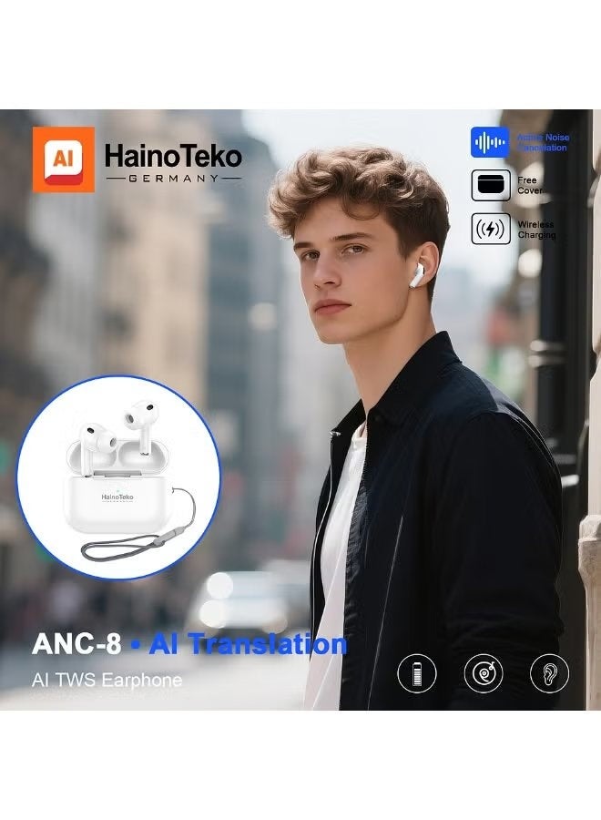 JAJEEK ANC-8 AI Translation TWS Earbuds with Smart Active Noise Cancellation, Bluetooth 5.3 Wireless Earphones, Touch Control, Wireless Charging Case, Deep Bass, HD Calling, Low Latency Mode, White - Image 3