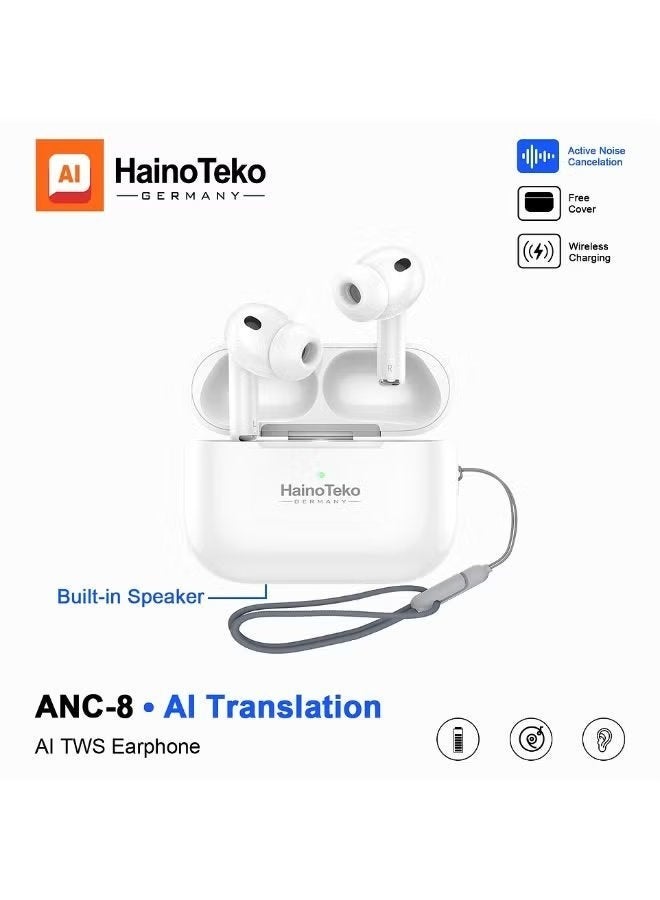 JAJEEK ANC-8 AI Translation TWS Earbuds with Smart Active Noise Cancellation, Bluetooth 5.3 Wireless Earphones, Touch Control, Wireless Charging Case, Deep Bass, HD Calling, Low Latency Mode, White - Image 1