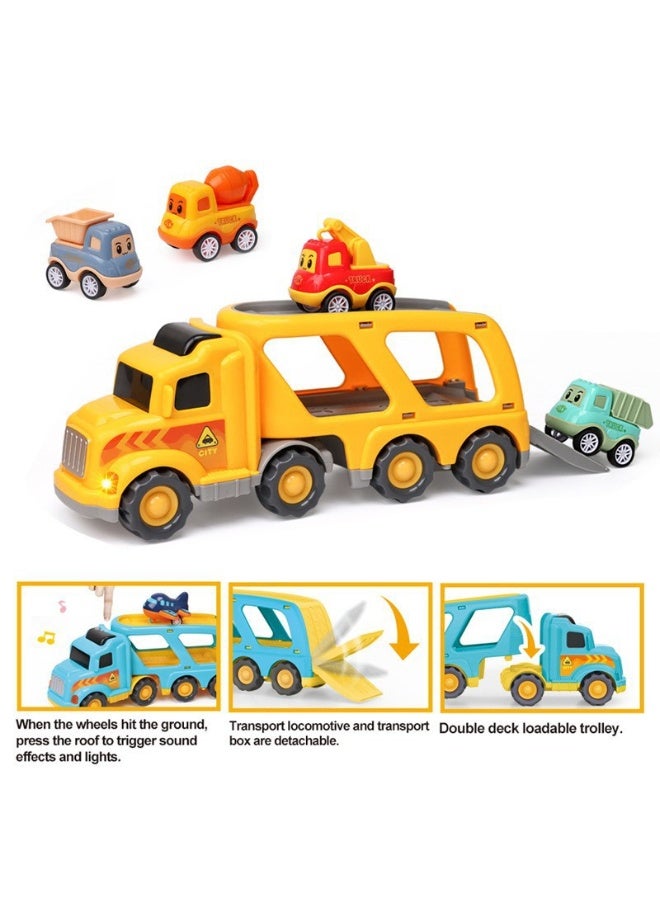 HALAMODO Construction Truck Toys, Inertia Sound Light Story Music Engineering Toy Vehicle for Kids ,Mini Double Layer Storage Transport Truck With 4 Small Pull Back Cars ,Construction Vehicle， 28*9*15 cm - Image 4