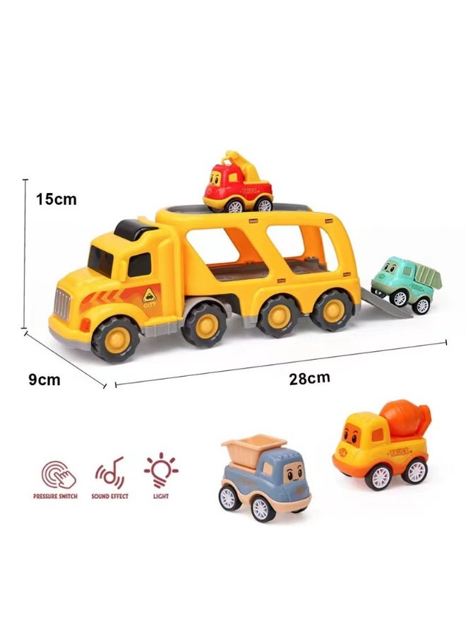 HALAMODO Construction Truck Toys, Inertia Sound Light Story Music Engineering Toy Vehicle for Kids ,Mini Double Layer Storage Transport Truck With 4 Small Pull Back Cars ,Construction Vehicle， 28*9*15 cm - Image 1