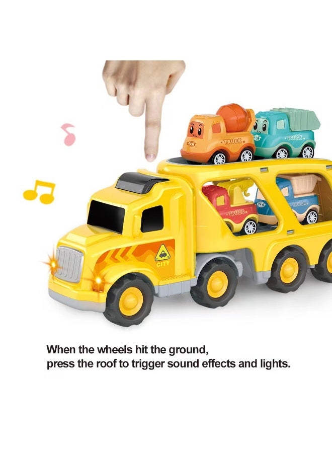 HALAMODO Construction Truck Toys, Inertia Sound Light Story Music Engineering Toy Vehicle for Kids ,Mini Double Layer Storage Transport Truck With 4 Small Pull Back Cars ,Construction Vehicle， 28*9*15 cm - Image 2