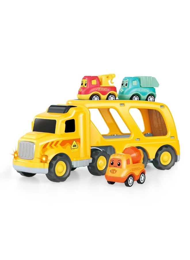 Halamodo Construction Truck Toys, Inertia Sound Light Story Music Engineering Toy Vehicle for Kids ,Mini Double Layer Storage Transport Truck With 4 Small Pull Back Cars ,Construction Vehicle， 28*9*15 cm - Image 1