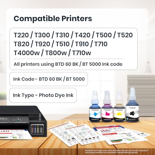 Splashjet Compatible Refill Dye Ink for Brother DCP- T220, T300, T310, T420, T500, T520, T820, T920, T510, T910, T710, T4000W, T800W, T710W - Printer (C/M/Y - 50gm x 3)(Black x 105gm) - 502372 - Image 3