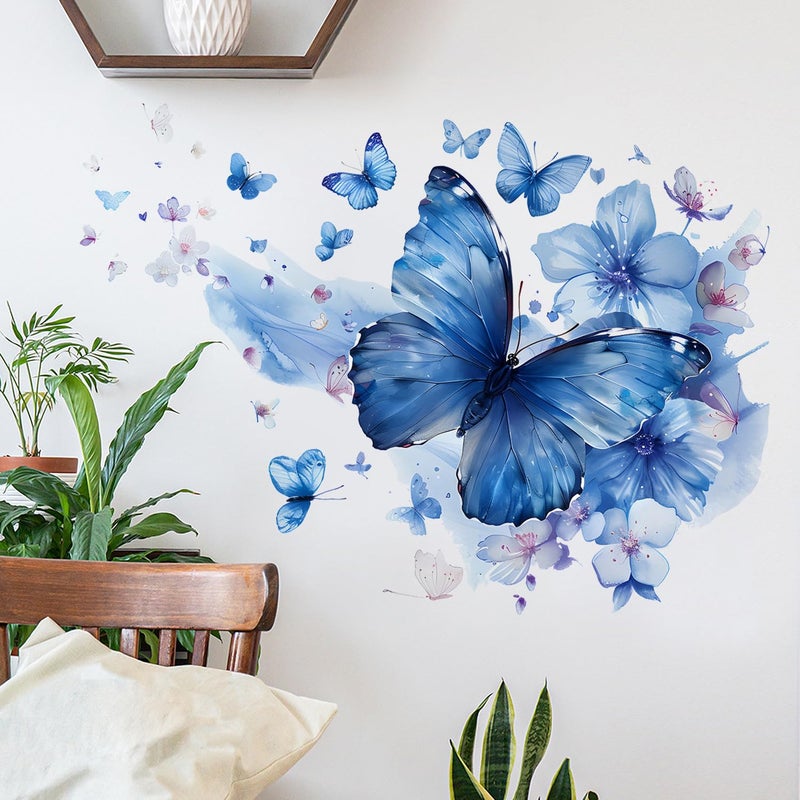 RAINBOW WSK Blue Butterfly Wall Decals Removable Butterfly Flower Wall Stickers Peel and Stick Butterflies Wall Decor Stickers for Kids Girls Bedroom Nursery Bathroom Decorations MK3155 - Image 2