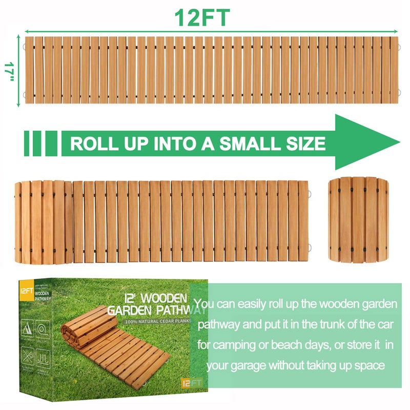 RELIANCER 12' Wooden Garden Pathway,Outdoor Roll Out Cedar Straight Walkway,Patio Path Decorative Garden Boardwalk Walkways,Weather-Resistant Roll Up Beach Wood Road Floor,Wedding Party Pathways - Image 2