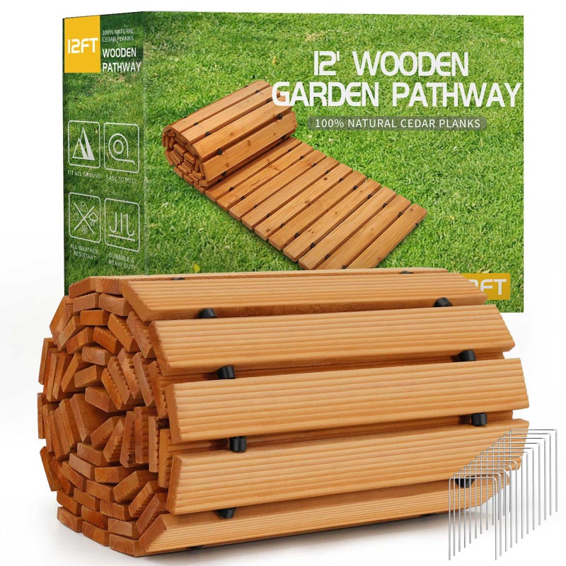 RELIANCER 12' Wooden Garden Pathway,Outdoor Roll Out Cedar Straight Walkway,Patio Path Decorative Garden Boardwalk Walkways,Weather-Resistant Roll Up Beach Wood Road Floor,Wedding Party Pathways - Image 1