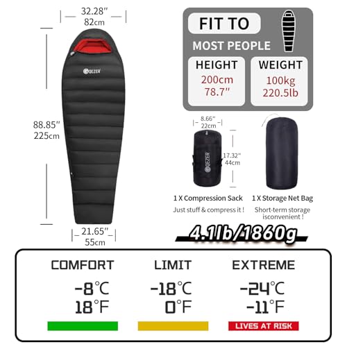 QEZER 0 Degree Sleeping Bag for Adults 650 Fill Power Down Sleeping Bag for Cold Weather -11°F-18°F Large Lightweight Sleeping Bag - Image 2