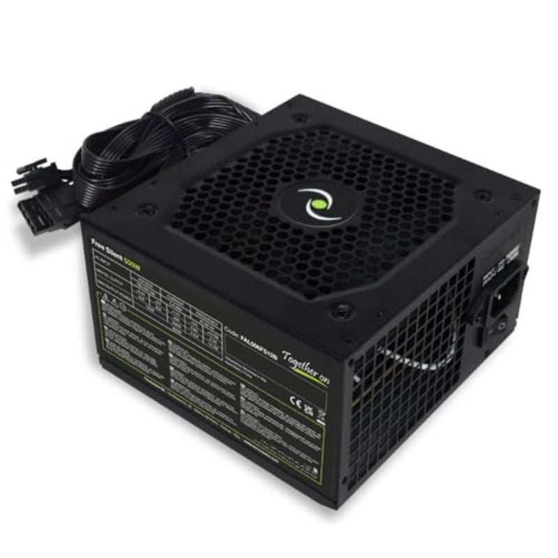 مصدر طاقة الكمبيوتر ATX 500W للاستخدام المكتبي، غلاف معدني أسود، تشغيل هادئ للغاية مع مروحة 12 سم، يتضمن 2x SATA، 1x 24-pin main، 1x 12V 4-pin CPU، 1x Molex، 1x موصلات مرنة - Image 1