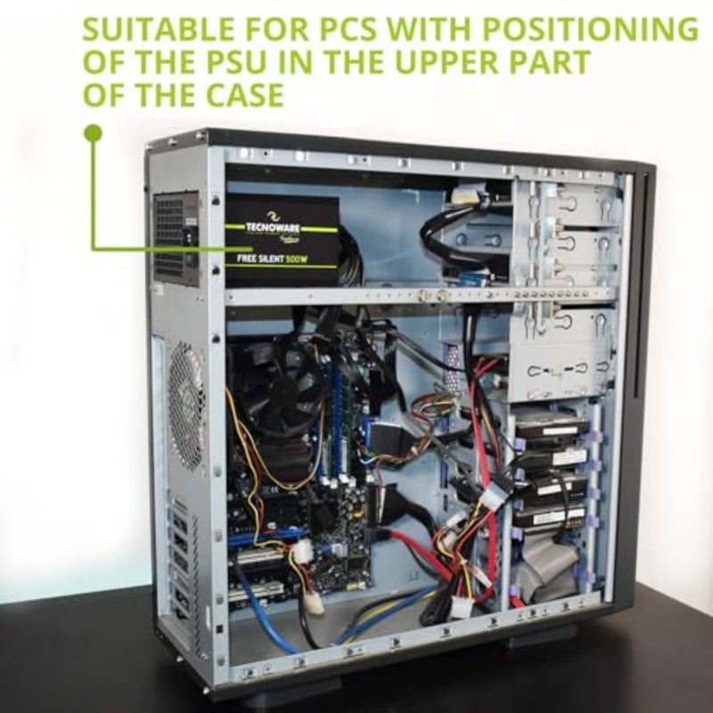 مصدر طاقة الكمبيوتر ATX 500W للاستخدام المكتبي، غلاف معدني أسود، تشغيل هادئ للغاية مع مروحة 12 سم، يتضمن 2x SATA، 1x 24-pin main، 1x 12V 4-pin CPU، 1x Molex، 1x موصلات مرنة - Image 5