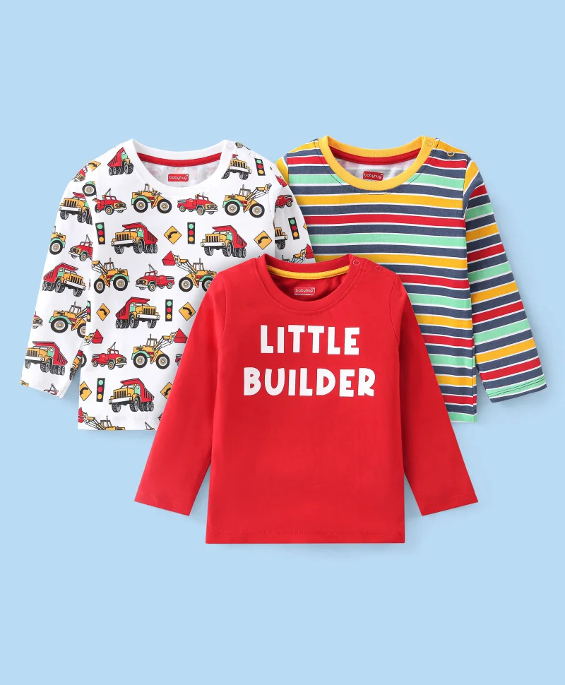 babyhug Babyhug 100% Cotton Knit Full Sleeves Tee With Car Graphics Pack of 3 - Multicolour