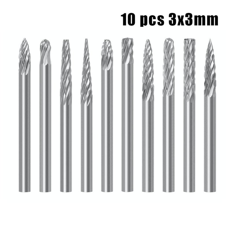 uptodateproducts 10pcs 3x3mm Milling Cutters Rotary Burrs Drill Bits Tungsten Carbide File Burr Suit Reamer Tools Cut Set - Image 5