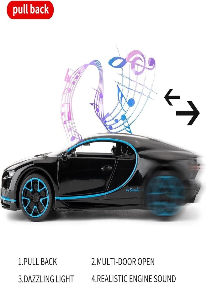 FEXXA 1.32 Scale Bugatti CHIRON Exclusive Alloy Metal Pull Back Die-cast Car Scale Model with Sound Light Mini Auto Toy for Kids Metal Model Toy Car with Sound and Light-New Version [Black] - Image 3
