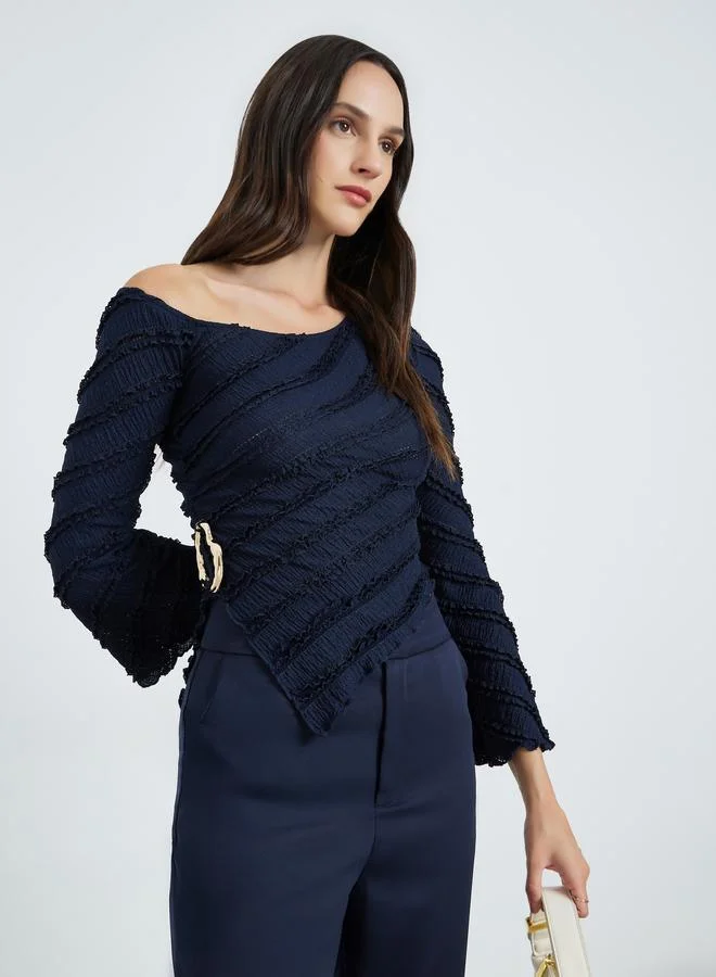 Take Two Dark Blue Textured One-Shoulder Top