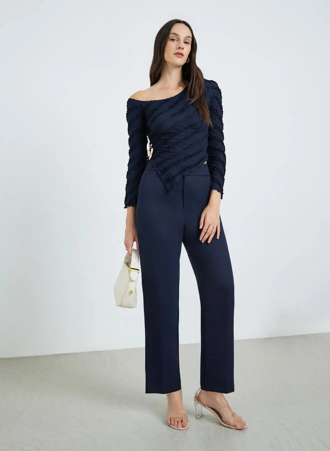 Take Two Dark Blue Textured One-Shoulder Top