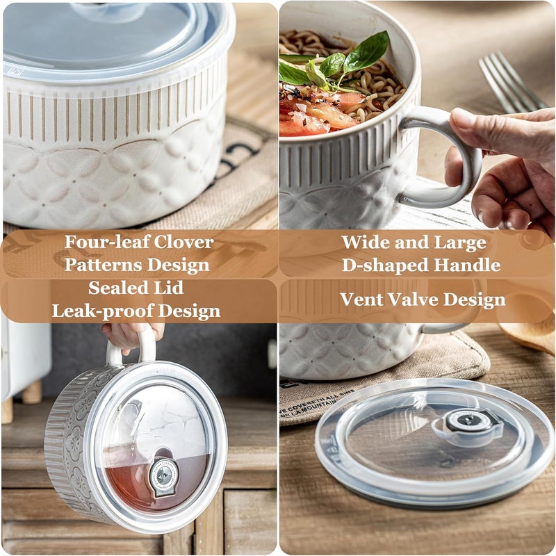 Gomakren Soup Bowl with Handle 39oz, Ramen Bowl with Lid, Ceramic Soup Container Mug Cup for Ramen Cereal Office Lunch Dorm, Microwave Safe, Beige White - Image 3