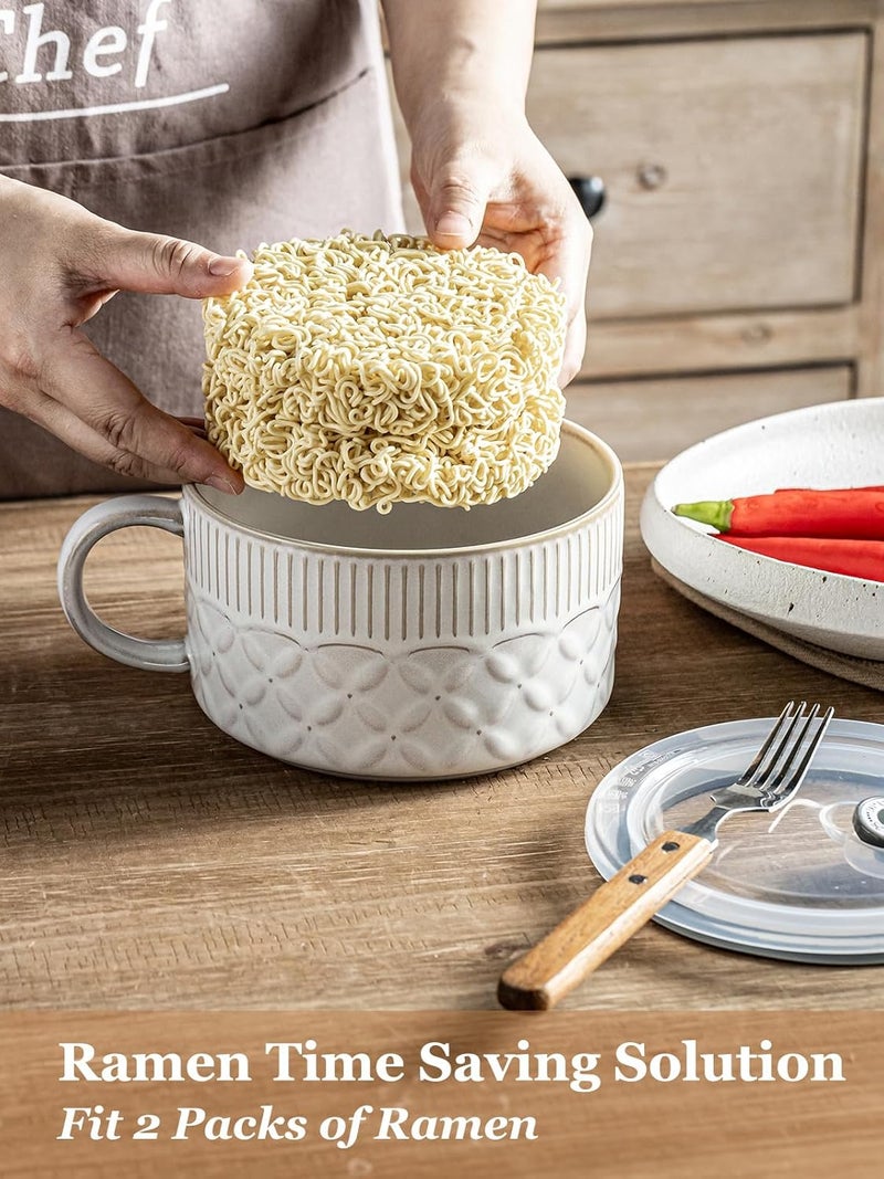 Gomakren Soup Bowl with Handle 39oz, Ramen Bowl with Lid, Ceramic Soup Container Mug Cup for Ramen Cereal Office Lunch Dorm, Microwave Safe, Beige White - Image 5