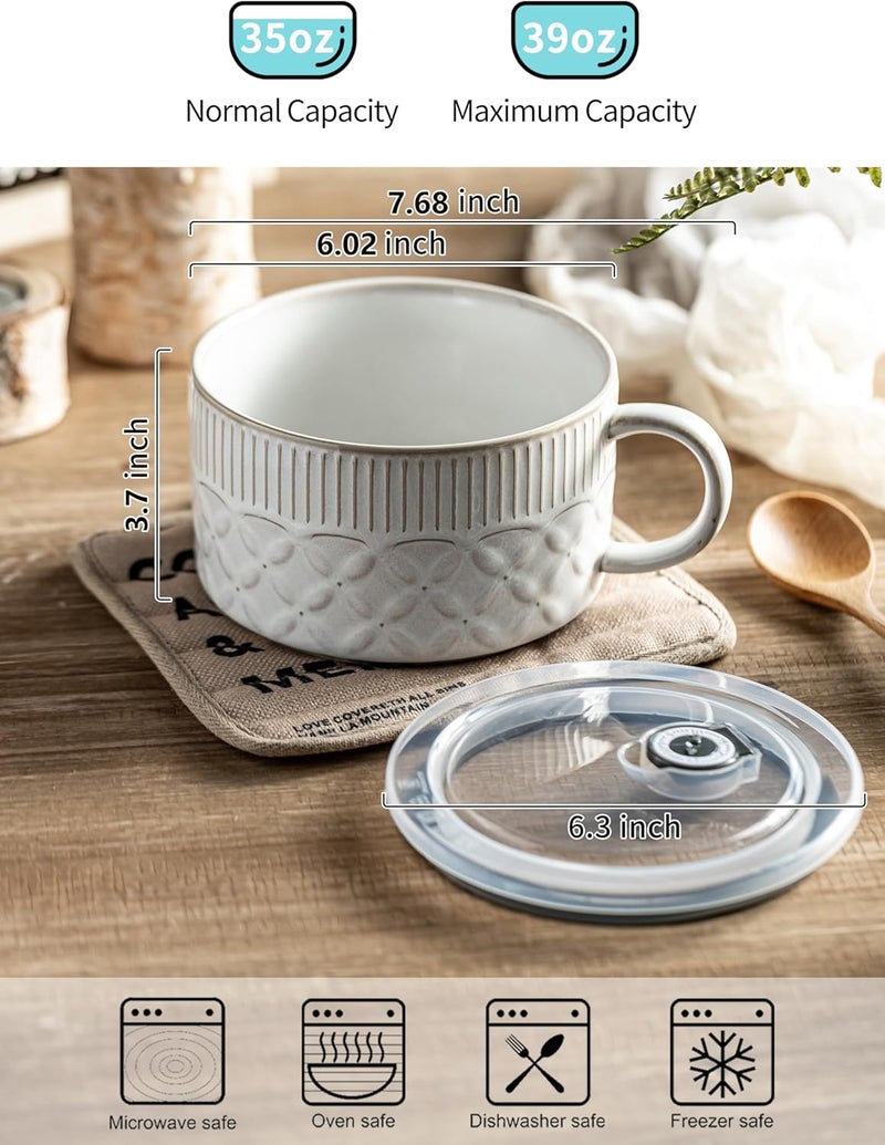 Gomakren Soup Bowl with Handle 39oz, Ramen Bowl with Lid, Ceramic Soup Container Mug Cup for Ramen Cereal Office Lunch Dorm, Microwave Safe, Beige White - Image 2