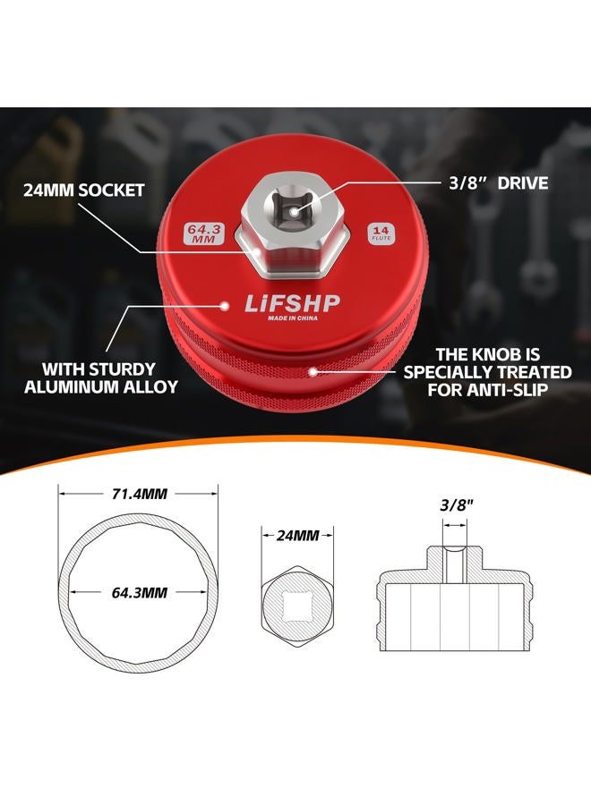 LIFSHP 64mm 14 Flute Oil Filter Wrench for Toyota Camry, Tundra, Tacoma, 4Runner, RAV4,Precision CNC Machined Aircraft Aluminum Oil Filter Removal Tool-Red - Image 5