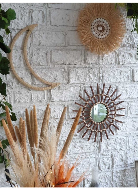 Set of 3 Raffia Seashell Model & Brown Rattan Rod Mirror & Raffia Moon M073