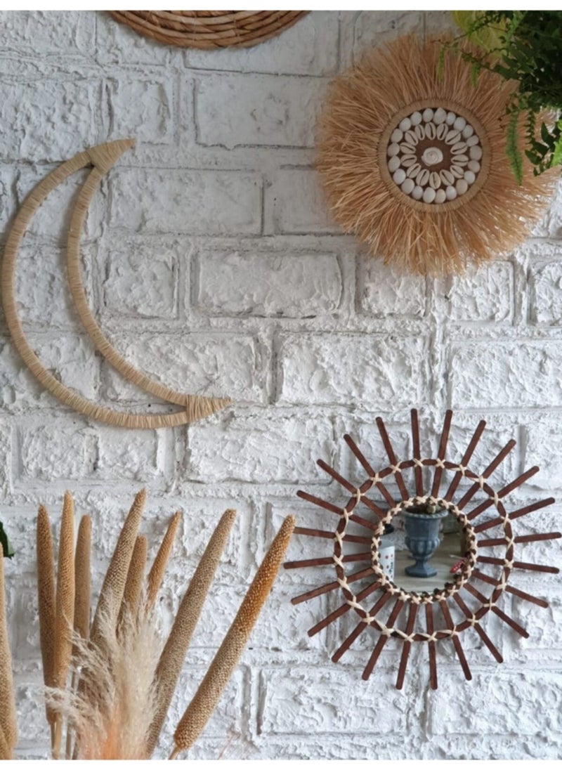 Set of 3 Raffia Seashell Model & Brown Rattan Rod Mirror & Raffia Moon M073