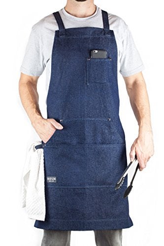 Hudson Durable Goods Professional Grade Chef Apron for Kitchen, BBQ, and Grill - Adjustable Crossback Denim Apron for Men and Women with Pockets, Towel Loop, Quick Release Buckle - 34 x 27 Inch, Blue - Image 1