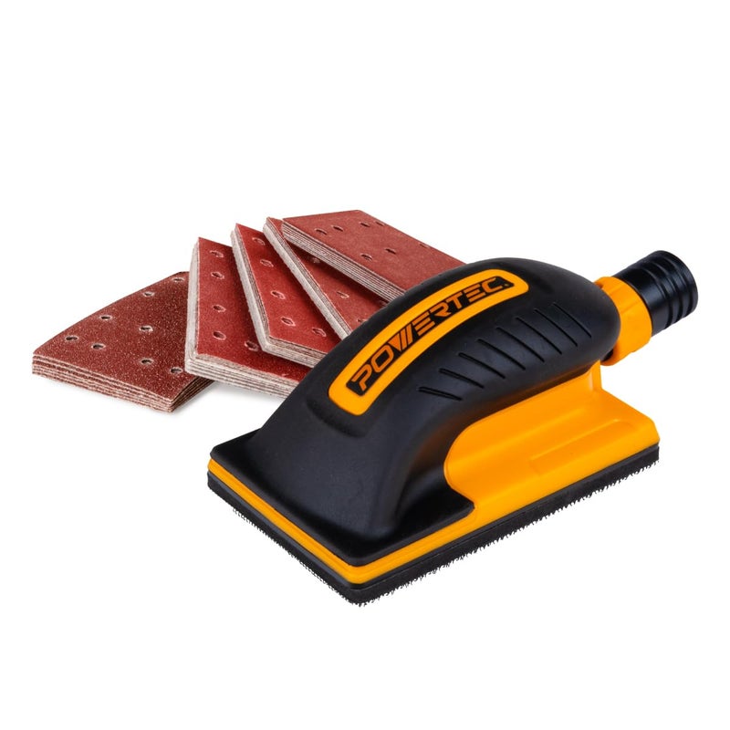 POWERTEC Vacuum Sanding Block w/ 1" OD Dust Collection Port & Hook and Loop Sandpaper (40, 80, 120, 180, 240 Grit 10 Each) for Woodworking, Dust-Free Sanding Tool for Auto Body, Paint, Drywall (71514) - Image 1