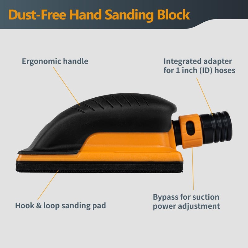 POWERTEC Vacuum Sanding Block w/ 1" OD Dust Collection Port & Hook and Loop Sandpaper (40, 80, 120, 180, 240 Grit 10 Each) for Woodworking, Dust-Free Sanding Tool for Auto Body, Paint, Drywall (71514) - Image 3