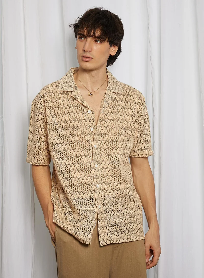 Campus Sutra Men's Canvas Beige Chevron-Knit Shirt
