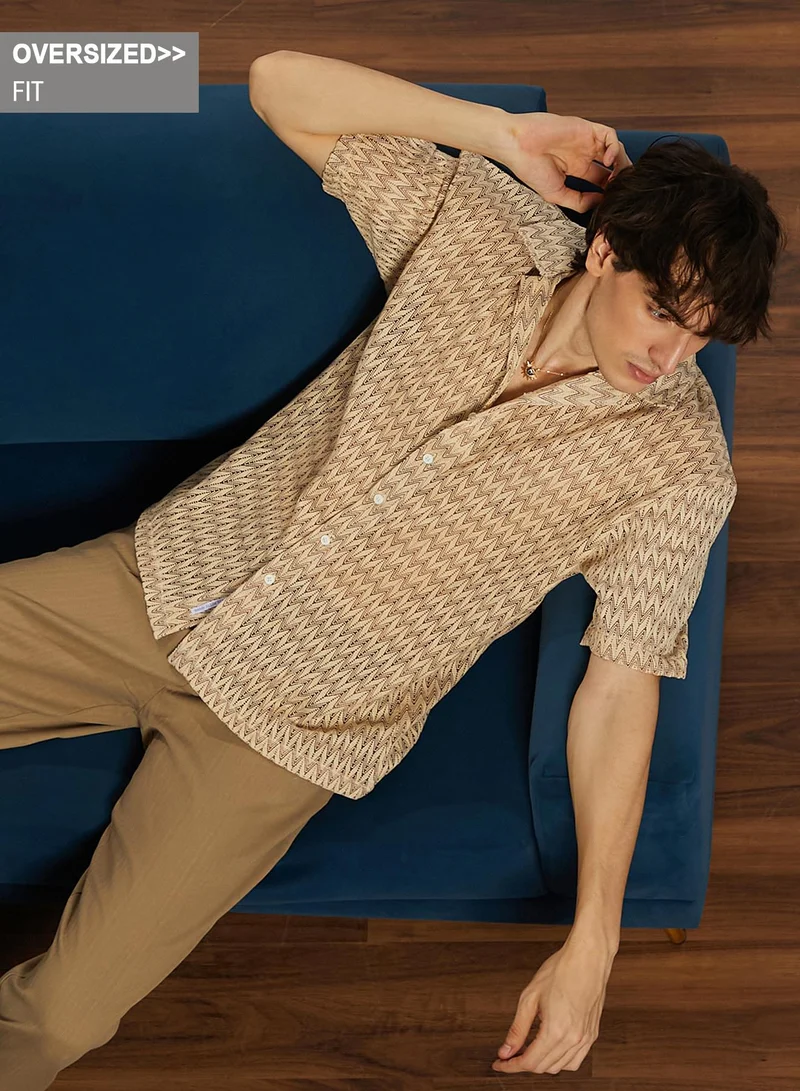 Campus Sutra Men's Canvas Beige Chevron-Knit Shirt