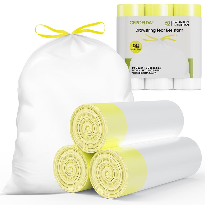 CEROELDA 16 Gallon Small Trash Bags 60 Count Mini Drawstring Garbage Bags Unscented fit 458 Liter 122 Gallon Thick Plastic Wastebasket Liners for Bathroom Bedroom Office Toilet - Image 3