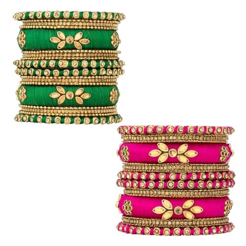 Peora Combo of Silk Thread Kundan Bangle Gift Set for Women Rani Pink & Green 2.6" - Image 1