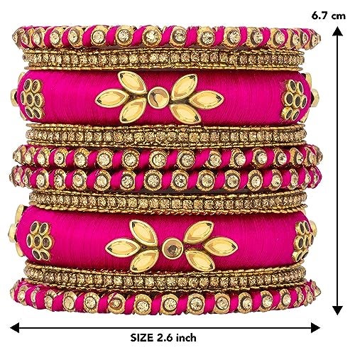 Peora Combo of Silk Thread Kundan Bangle Gift Set for Women Rani Pink & Green 2.6" - Image 5