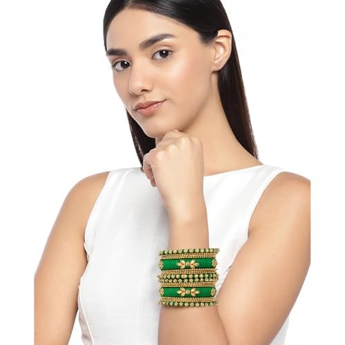 Peora Combo of Silk Thread Kundan Bangle Gift Set for Women Rani Pink & Green 2.6" - Image 2