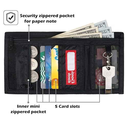 RE ROUGH ENOUGH Rough Enough Kids Wallet for Boys Teens with Neck Lanyard Keychain Zipper Coin Pocket Card Holder Black Soft Nylon - Image 4