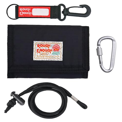 RE ROUGH ENOUGH Rough Enough Kids Wallet for Boys Teens with Neck Lanyard Keychain Zipper Coin Pocket Card Holder Black Soft Nylon - Image 1