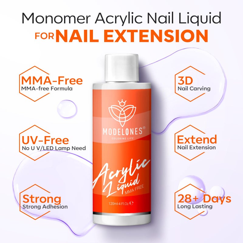modelones Monomer Acrylic Nail Liquid - Professional Monomer for Acrylic Powder Nail Extension 3D Carving, MMA Free Low Odor Non-Yellowing DIY Home Salon 120ml - Image 2