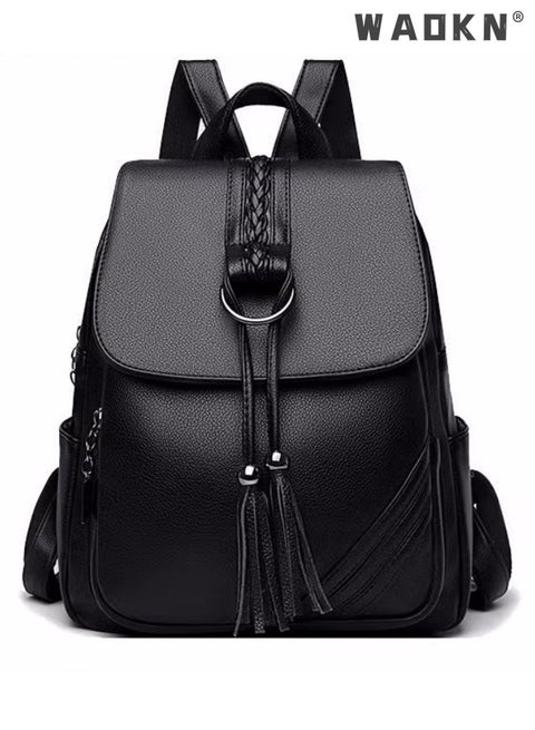Womens Rucksack Waterproof Leather Anti-theft School Bag Fashion Tassel Decor Flap Textured Backpack Leisure PU Leather Large Travel New Double Shoulder Bag for Womens College Girls Students Black