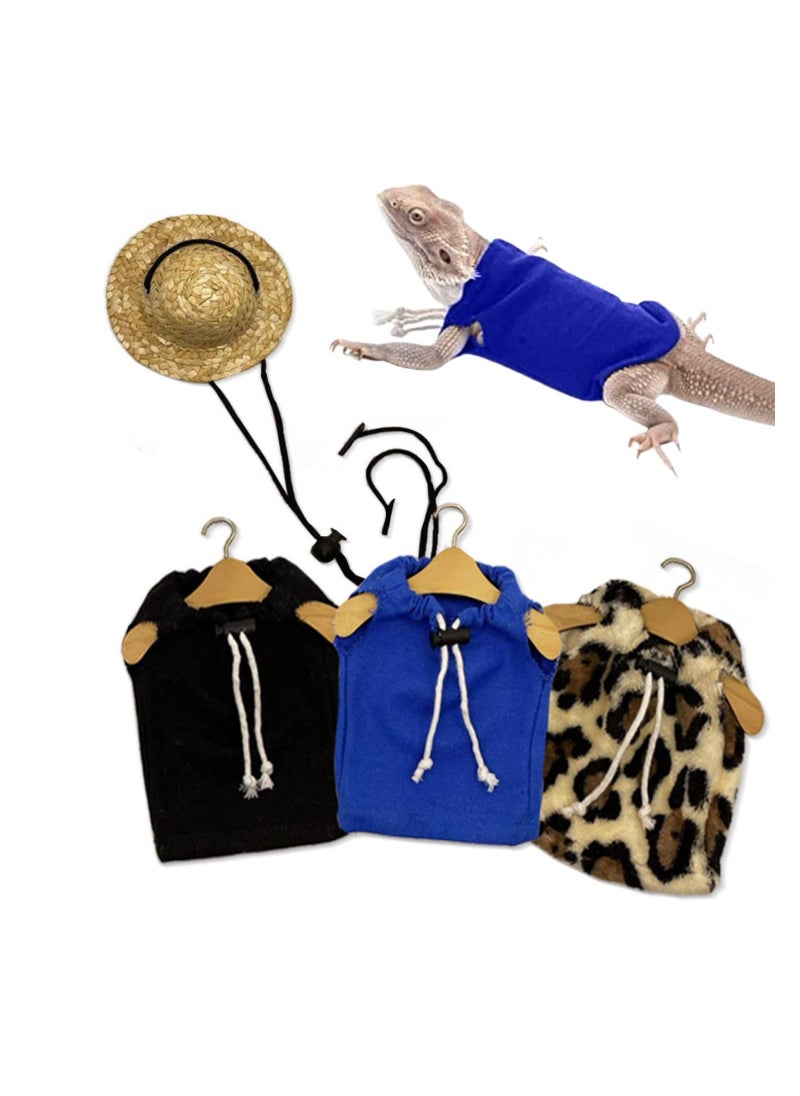 SYOSI - 4 Pack Lizard Clothes for Bearded Dragons, with Straw Hat Set Reptile Apparel Handmade Sleeveless T-Shirt Vest for Lizard Bearded Dragon Crested Gecko Chameleon (L, 4 Pack Set) - Image 1