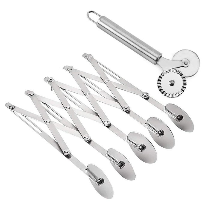 5 WHEEL PASTRY CUTTER PIZZA CUTTER WITH STAINLESS STEEL DOUBLE CUTTER SET OF 2 PIZZA SLICER MULTIROUND PASTRY KNIFE FOR PIZZA PIES WAFFLES DOUGH COOKIES