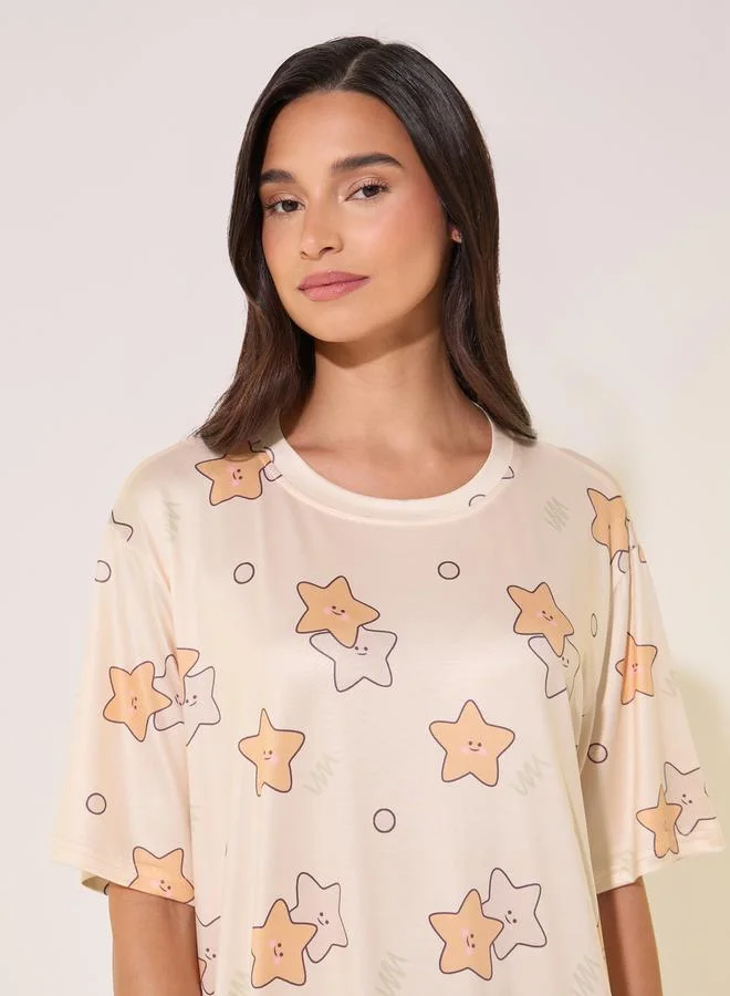 Take Two All-Over Stars Print Round Neck Nightshirt by Styli