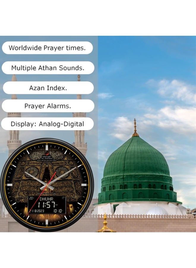 الفاتحة ساعة حائط أذان إسلامية، عرض أوقات الصلاة الإسلامية مع التقويم الهجري والميلادي، 8 أصوات أذان، شاشة LCD (سوداء) - Image 2