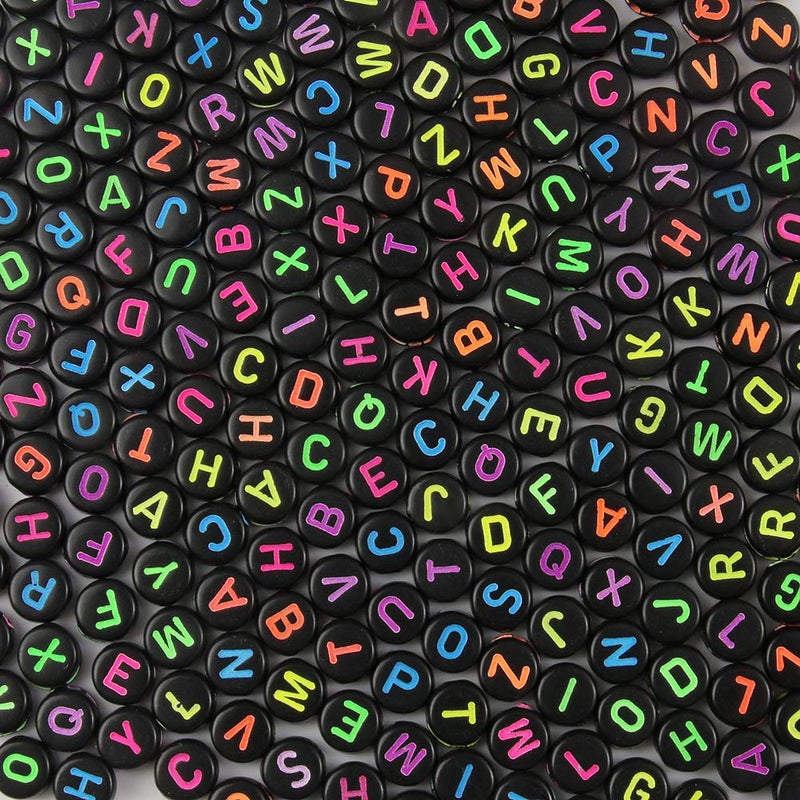 Acrylic Letter Beads Alphabet Polished Colorful Letters Black Round Bead 47mm 1200pcs for Friendship Bracelet Jewelry Making Kit