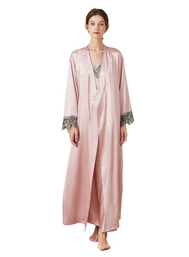 Loquat Women's Lace Stitching Imitation Silk 2-Piece Set Nightgown Sleepwear Slip Dress And Night-Robe Soft Loungewear Pajamas Suit Pink  - Image 1