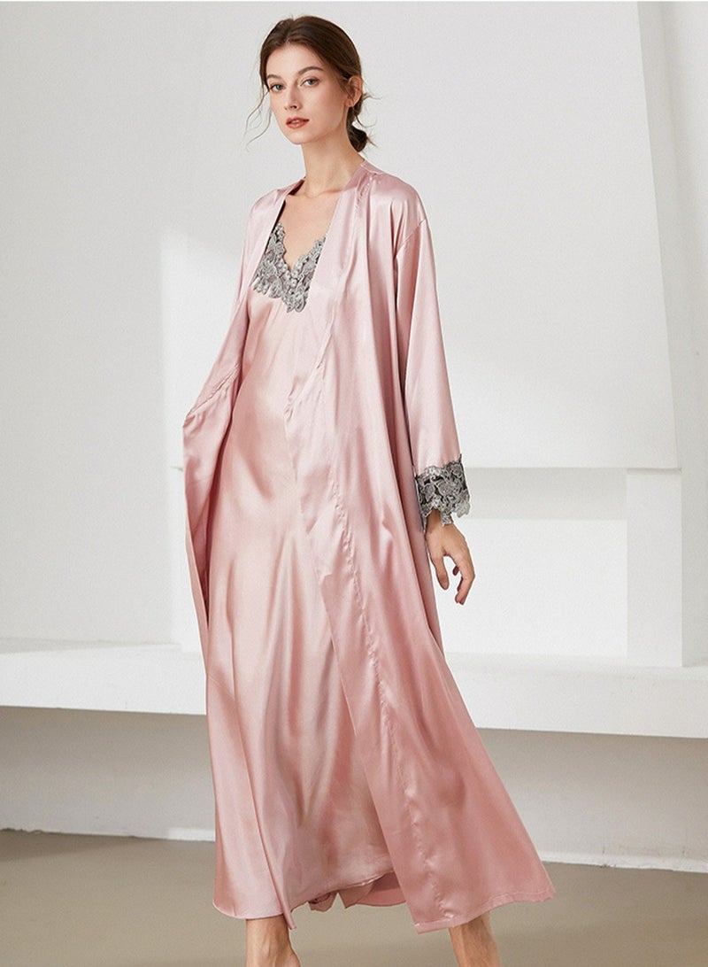 Loquat Women's Lace Stitching Imitation Silk 2-Piece Set Nightgown Sleepwear Slip Dress And Night-Robe Soft Loungewear Pajamas Suit Pink  - Image 2