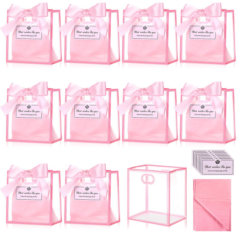 Tenare 12 Pack 4Ã—2.8Ã—4.5 Inch Mini Clear Plastic Gift Bags with Handles Valentines Extra Small Transparent Party Favor Bags Bulk with Ribbon Tissue Paper for Wedding Party Supplies(Pink) - Image 1
