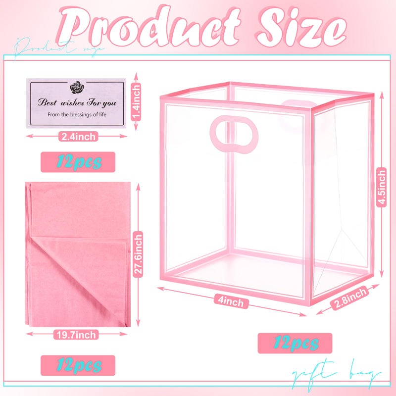 Tenare 12 Pack 4Ã—2.8Ã—4.5 Inch Mini Clear Plastic Gift Bags with Handles Valentines Extra Small Transparent Party Favor Bags Bulk with Ribbon Tissue Paper for Wedding Party Supplies(Pink) - Image 2