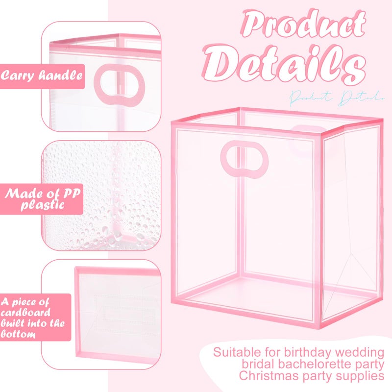 Tenare 12 Pack 4Ã—2.8Ã—4.5 Inch Mini Clear Plastic Gift Bags with Handles Valentines Extra Small Transparent Party Favor Bags Bulk with Ribbon Tissue Paper for Wedding Party Supplies(Pink) - Image 3