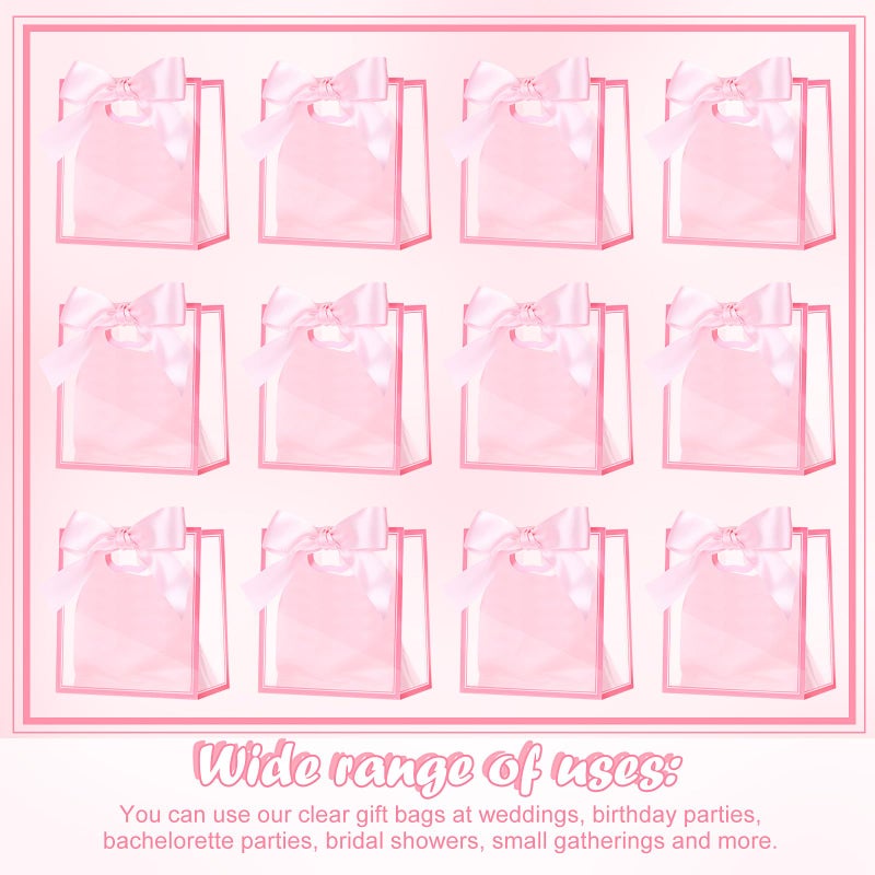 Tenare 12 Pack 4Ã—2.8Ã—4.5 Inch Mini Clear Plastic Gift Bags with Handles Valentines Extra Small Transparent Party Favor Bags Bulk with Ribbon Tissue Paper for Wedding Party Supplies(Pink) - Image 5