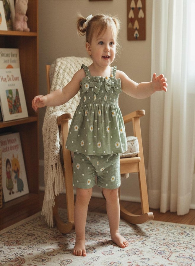 Brvxia Toddler Baby Girl Clothes Summer Outfits Daisy Print Sleeveless Shirt Tops Cute Shorts Set 12 18 24 Months 2T 3T (Green, 2-3T) - Image 3