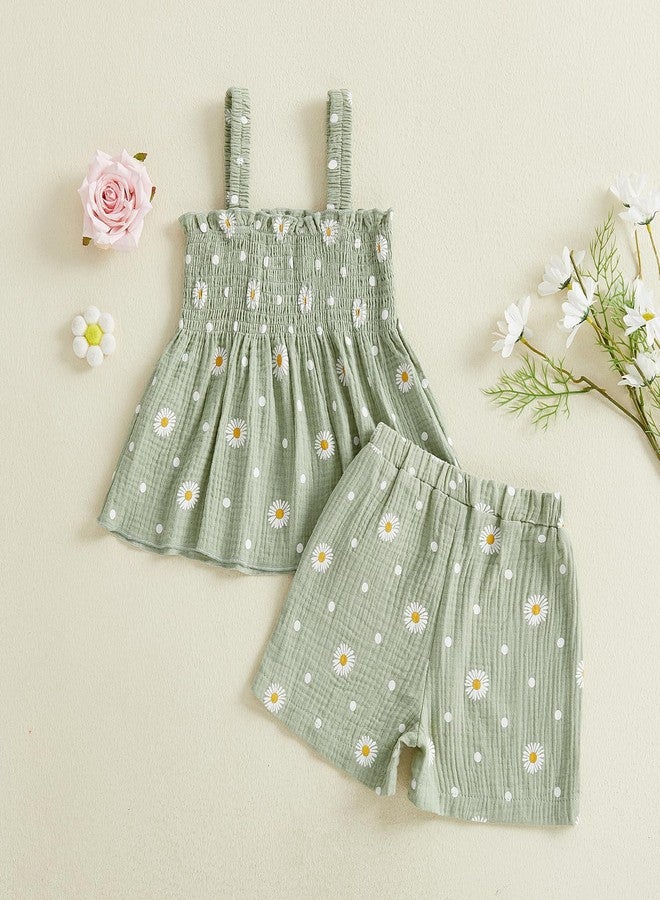 Brvxia Toddler Baby Girl Clothes Summer Outfits Daisy Print Sleeveless Shirt Tops Cute Shorts Set 12 18 24 Months 2T 3T (Green, 2-3T) - Image 2